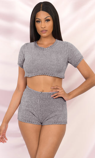 Always Chill Pink Short Sleeve Crew Neck Crop Top Sweater Chenille Elastic Shorts Two Piece Lounge Romper Set