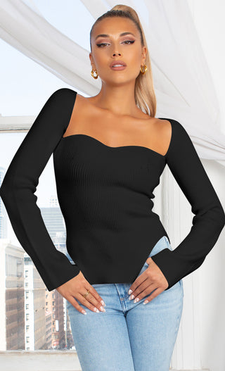Parisian Soul Black Ribbed Long Sleeve Stretchy Bustier Sweetheart Neckline Cut Out Uneven Hem Pullover Sweater Knit Top