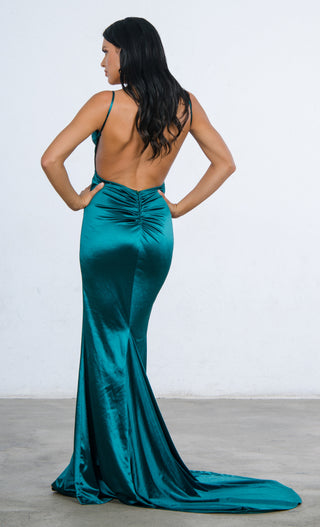 Glowing Goddess Emerald Green Sleeveless Spaghetti Strap Plunge V Neck Ruched Back Mermaid Maxi Dress