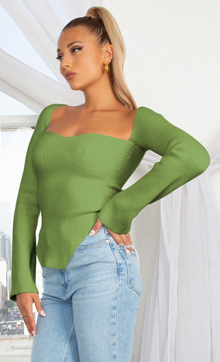 Parisian Soul Red Ribbed Long Sleeve Stretchy Bustier Sweetheart Neckline Cut Out Hem Pullover Sweater Knit Top