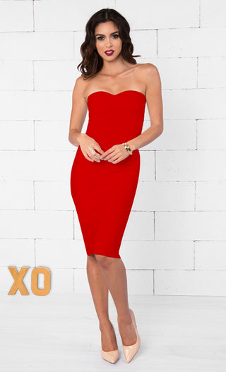 Indie XO Allison Red Strapless Ribbed Texture Sweetheart Neck Bandage Bodycon Knee Length Midi Dress