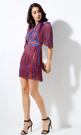 Heart Stopper Red Blue Vertical Stripe Fringe Short Sleeve Mock Neck Mini Dress - Sold Out