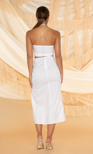 Sexy Moment White Sleeveless Spaghetti Strap Ruched Cut Out Crop Top Side Slit Midi Skirt Two Piece Dress