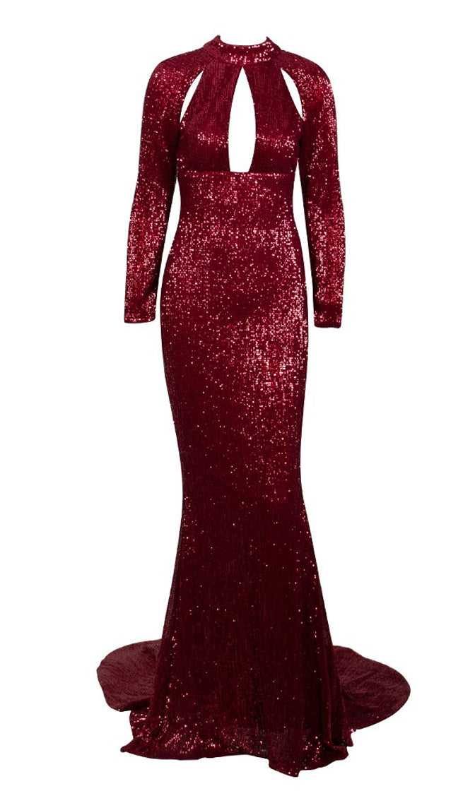 Pure Glamour Red Sequin Burgundy Long Sleeve Mock Neck Cut Out Keyhole ...
