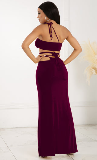 Love Myself Unconditionally Burgundy Purple Two Piece One Shoulder Casual Lace Up Wrap Cut Out Slit Front Maxi Dress