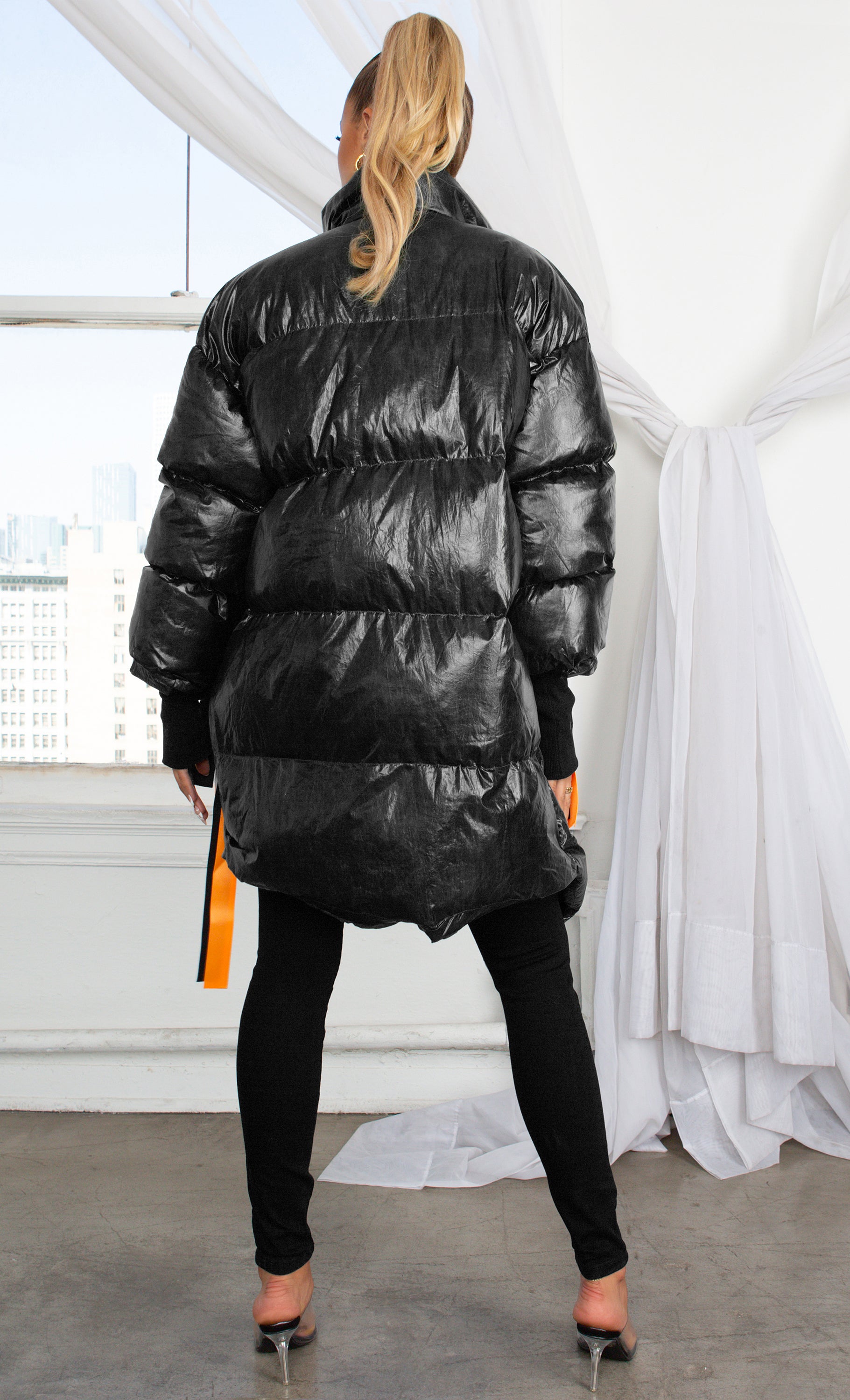 Armored Up , Silver Long Sleeve Down Quilted Oversized Ribbon Trim  Asymmetric Puffy Winter Coat Outerwear