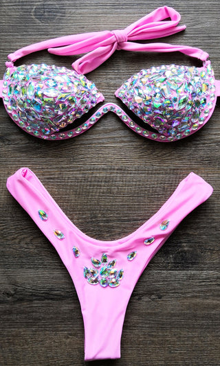 Posh In Paradise<br><span> Pink Rhinestone Halter Cut Out Bikini Top Brazilian Two Piece Swimsuit</span>