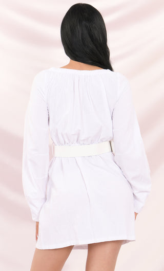 Cross Your Heart White Long Sleeve Off The Shoulder Cross Wrap V Neck Belted A Line Flare Casual Mini Dress