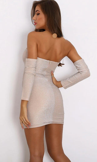 Evening Promises Glitter Long Sleeve Off The Shoulder Bodycon Mini Dress - 3 Colors Available
