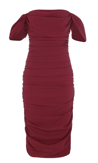 Queen Of Hearts Burgundy Short Sleeve Off The Shoulder Draped Ruched Bodycon Midi Dress