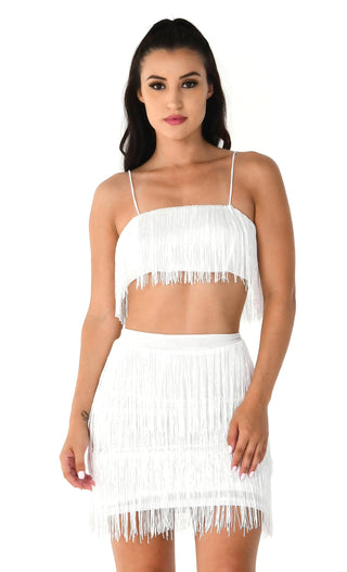Shot Caller White Sleeveless Spaghetti Strap Fringe Crop Top Bodycon Two Piece Mini Dress - Sold Out