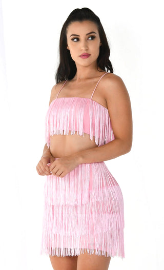 Shot Caller White Sleeveless Spaghetti Strap Fringe Crop Top Bodycon Two Piece Mini Dress - Sold Out