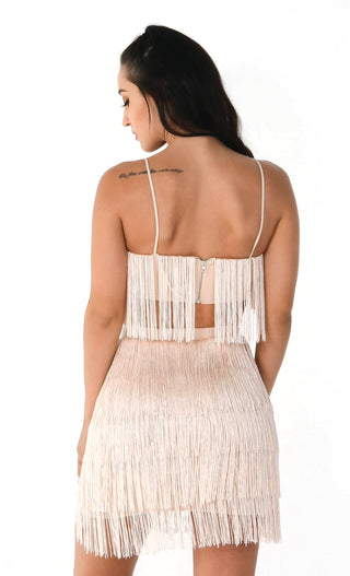 Shot Caller White Sleeveless Spaghetti Strap Fringe Crop Top Bodycon Two Piece Mini Dress - Sold Out