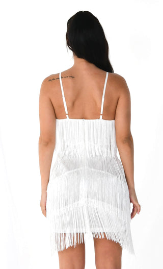 I'm Feeling Something White Sleeveless Spaghetti Strap Fringe Tassel V Neck Bodycon Mini Dress