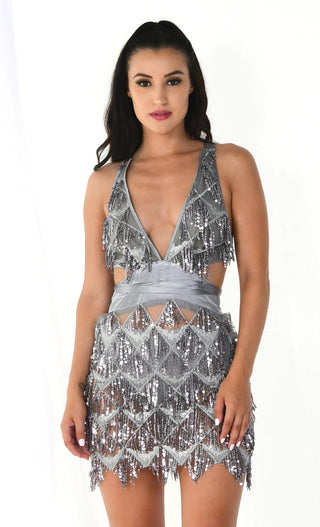 Start A Riot Silver Sheer Mesh Geometric Pattern Sequin Fringe Sleeveless Satin Ribbon Plunge V Neck Mini Dress