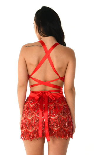 Start A Riot Black Sheer Mesh Geometric Pattern Sequin Fringe Satin Ribbon Sleeveless Plunge V Neck Mini Dress
