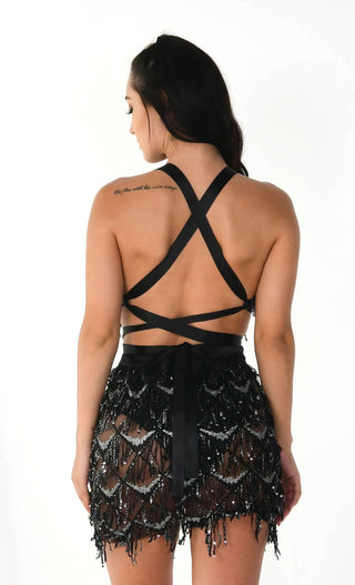 Start A Riot Black Sheer Mesh Geometric Pattern Sequin Fringe Satin Ribbon Sleeveless Plunge V Neck Mini Dress