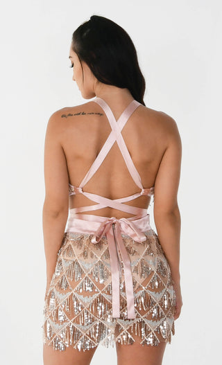 Start A Riot Biege Sheer Mesh Geometric Pattern Sequin Fringe Sleeveless Pink Satin Ribbon Plunge V Neck Mini Dress