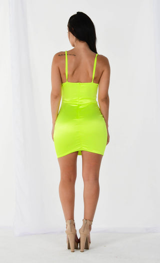 Blast Off Fluorescent Neon Lime Green Satin Stretchy Sleeveless Spaghetti Strap V Neck Cut Out Bodycon Mini Dress