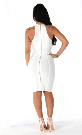 So Polished White Contrast Seams Sleeveless Halter Mock Neck Back Zipper Bodycon Bandage Midi Dress