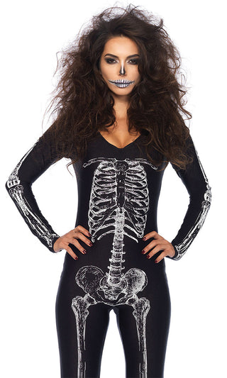 See Through Me<br><span> Black White Skeleton Long Sleeve V Neck Bodycon Skinny Catsuit Jumpsuit Halloween Costume</span>