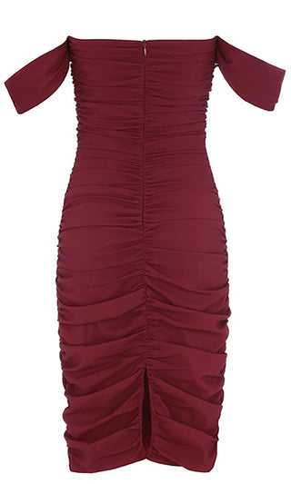 Queen Of Hearts Purple Short Sleeve Off The Shoulder Draped Ruched Bodycon Midi Dress