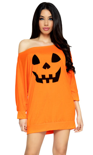 Pumpkin Patch <br><span>Orange Pumpkin Long Sleeve Off The Shoulder Casual Halloween Mini Dress</span>