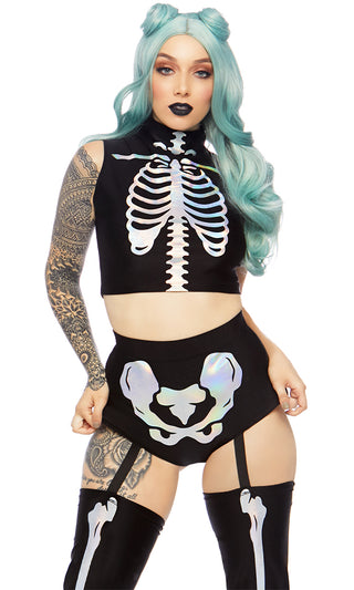 Going Underground<br><span> Black Silver Skeleton Print Sleeveless Mock Neck Crop Top Cut Out Garter Shorts and Leggings Two Piece Halloween Costume Set</span>