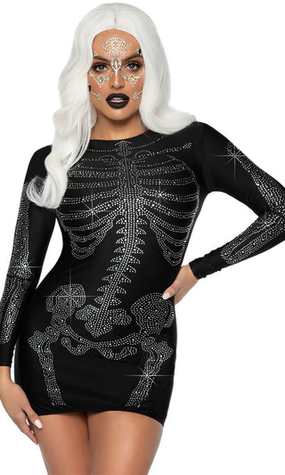 Sparkle It Up<br><span>Black Rhinestone Skeleton Pattern Long Sleeve Round Neck Bodycon Mini Dress</span>