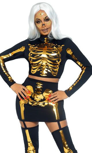 Gold Standard<br><span> Black Gold Skeleton Print Long Sleeve Mock Neck Crop Top Garter Bodycon Mini Skirt Two Piece Halloween Costume Set</span>