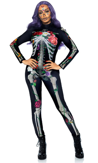 Sinfully Yours <br><span>Black White Skeleton Print Floral Pattern Long Sleeve Round Neck Skinny Bodycon Jumpsuit Halloween Costume</span>