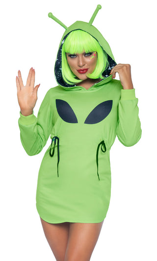 Out Of This World <br><span>Green Long Sleeve Fleece Antennae Hood Bodycon Alien Mini Dress Halloween Costume</span>