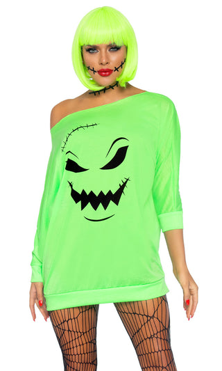 Boo To You<br><span> Neon Green Long Sleeve Off The Shoulder Ghost Print Tee Shirt Jersey Casual Mini Dress Halloween/span>