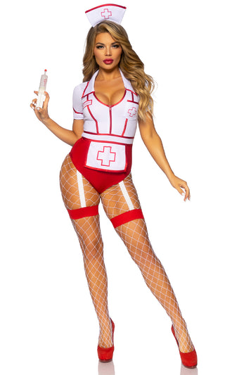 Feeling Feverish <br><span>White Red Short Sleeve V Neck Zipper Bodysuit Nurse Two Piece Halloween Costume</span>