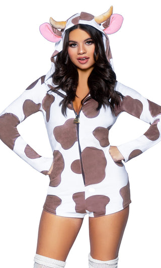 Milky Way <br><span>White Brown Geometric Cow Pattern Velvet Long Sleeve Zipper V Neck Hood Romper Halloween Costume</span>