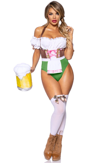 Beer Garden<br><span> White Green Short Puff Sleeve Off The Shoulder Apron Bodysuit Two Piece Halloween Costume Set</span>