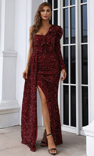 Sultry Evening Love Burgundy Red Sequin One Shoulder Long Sleeve Sweetheart Neckline Ruffle Drape High Cut Slit Maxi Dress Gown