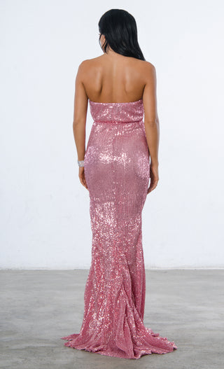 Indie XO Ambitious Dream Pink Sequin Strapless Sweetheart Neck High Slit Fishtail Maxi Dress