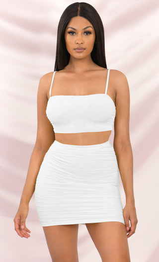 Love Me Better Two Piece Mesh Spaghetti Strap Ruched Crop Top Mini Skirt Dress