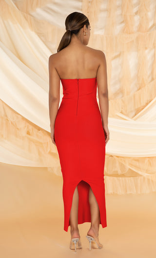 Chasing Desire <br><span> Red Bandage Stretch Bustier Strapless Winged V Neck Back Slit Maxi Dress</span>