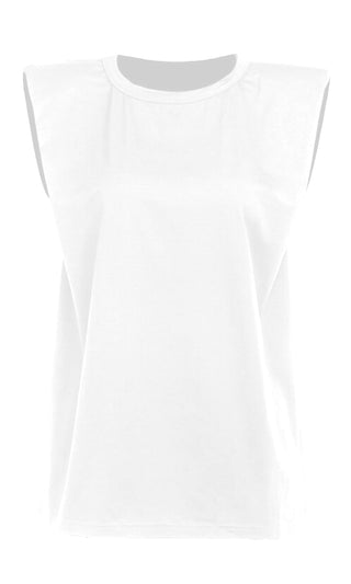 Strong And Stylish White Solid Classic Basic Shoulder Pad Muscle Tee Round Scoop Neck Tee Shirt Sleeveless Top