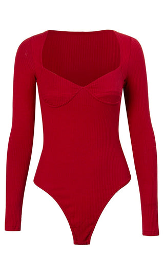 I'm Feeling Good Ribbed Long Sleeve V Neck Thong Bodysuit Top - 4 Colors Available