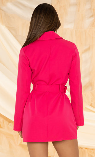 Safari Party <br><span> Pink Pocket V Neck Long Sleeve Lapel Collar Belted Mini Blazer Dress</span>