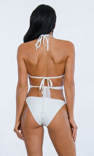 Indie XO Getting Famous <br><span> White Beaded Rhinestone Sleeveless Halter Plunge V Neck Cut Out Monokini One Piece Swimsuit </span>