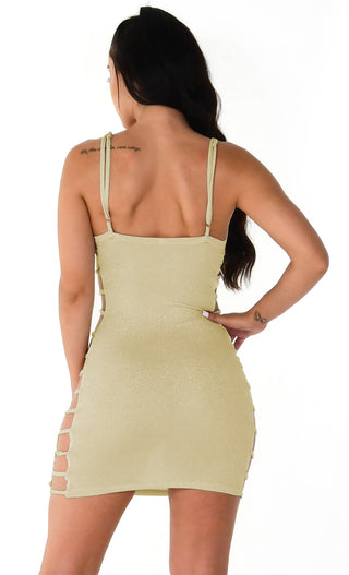 Imagine Us Gold Glitter Lurex Sleeveless Spaghetti Strap V Neck Cut Out Sides Bodycon Mini Dress