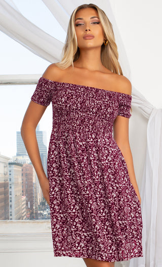 Better With You Burgundy Floral Pattern Short Sleeve Off The Shoulder Skater Flare Casual Mini Dress