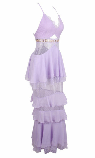 Frilled For You Purple Lace Swiss Dot Chiffon Sleeveless Spaghetti Strap Ruffle Tier Casual Maxi Dress