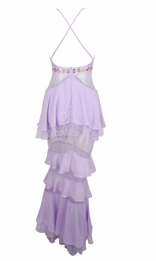 Frilled For You Purple Lace Swiss Dot Chiffon Sleeveless Spaghetti Strap Ruffle Tier Casual Maxi Dress