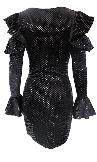 Shaken Not Stirred Black Ruffled Sequin Long Sleeve Cut Out Shoulder Cross Wrap V Neck Bodycon Mini Dress
