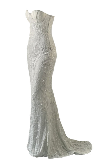 Dedicated To Love White Sequin Lace Strapless Bustier Fit And Flare Maxi Dress